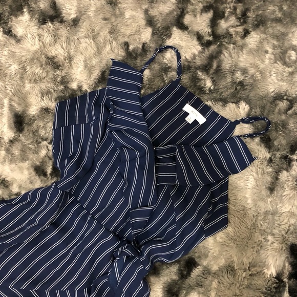 NAVY BLUE WHITE STRIPES SPAGHETTI STRAP WRAPPED BUSINESS CASUAL RUFFLE DRESS - Picture 6 of 11